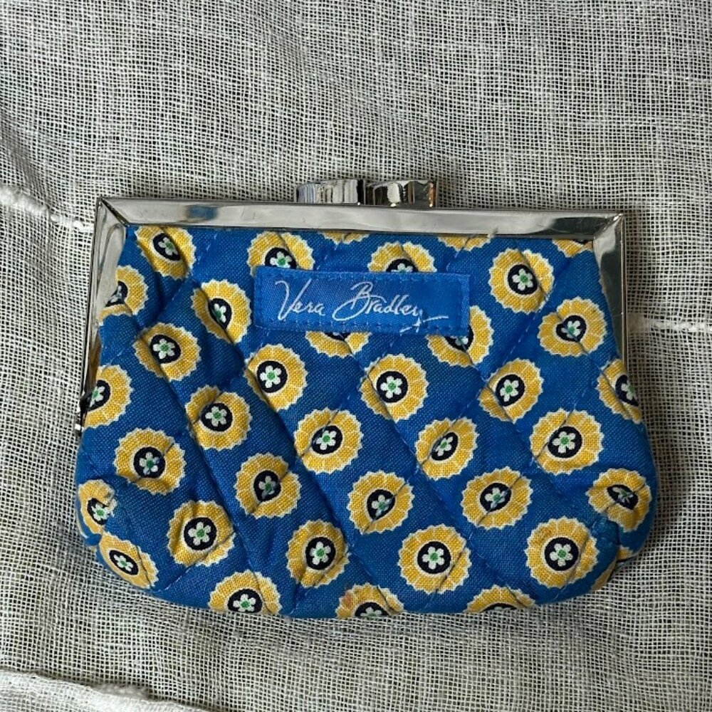 Vera Bradley Blue Quilted Coin Purse with Yellow Floral Print